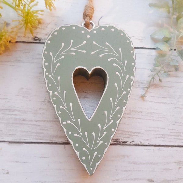Mango Green Patterned Hanging Heart with Small Open Centre - Hanging Heart Decoration  Heart Wall Decor  Heart Wall Hanging  Rustic Heart