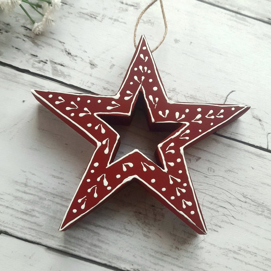 Mango Wood Red Patterned Hanging Star Decoration - the Home and Hearts ...