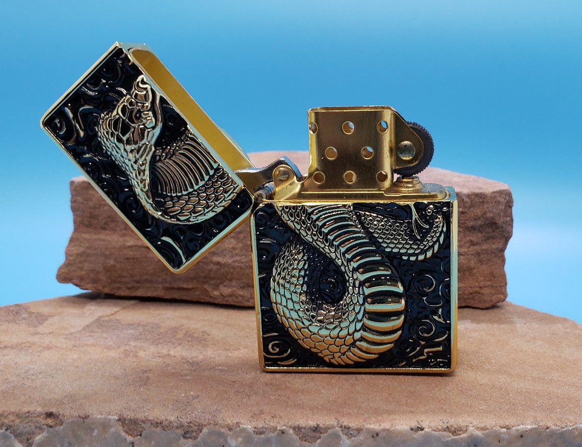 Limited Custom Embossed Golden King Cobra Lighter Etsy