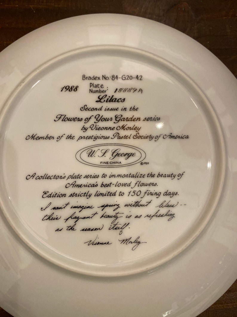 W.S George fine China Lilacs decorative plate Certificate of Authenticity included.