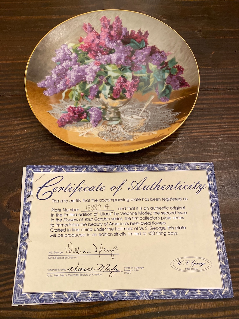 W.S George fine China Lilacs decorative plate Certificate of Authenticity included.