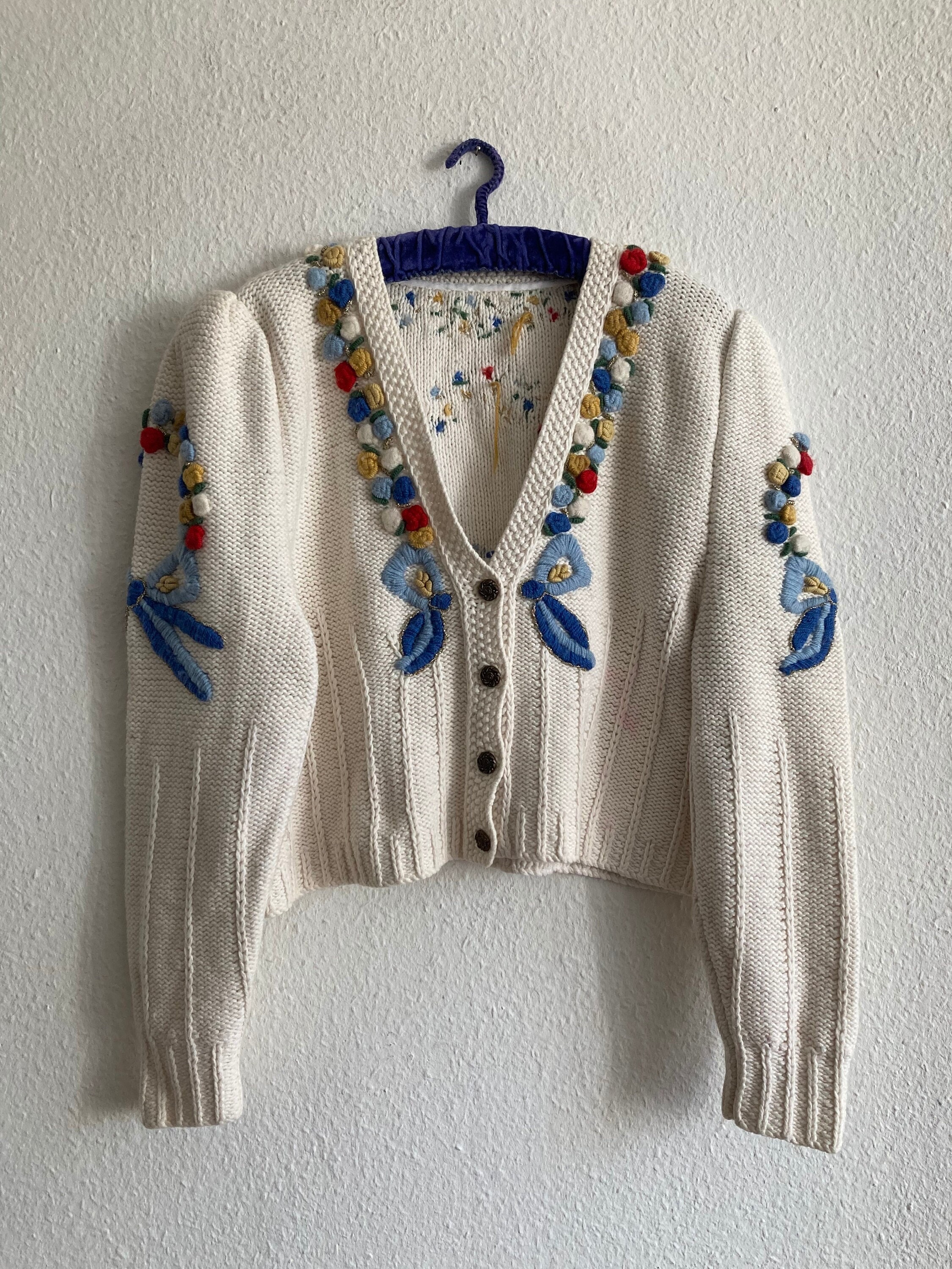 Stunning Holy Grail Rare Heavily Detailed Floral Navy Wool Austrian Knit Cardigan