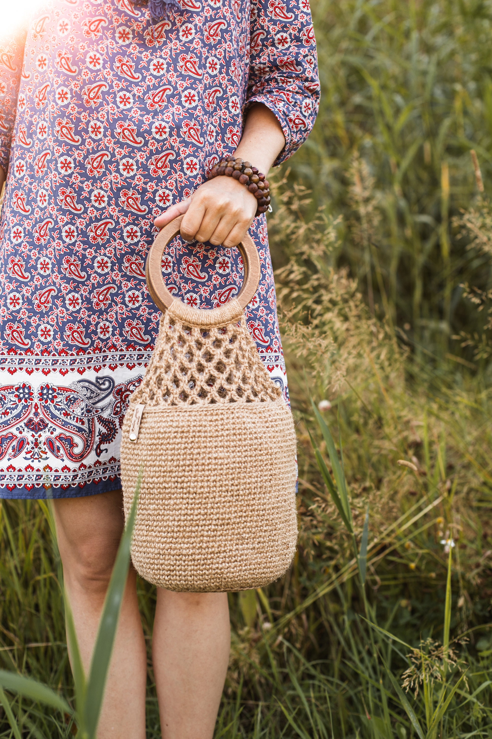 Designer jute bag With round handles Author's work Etsy