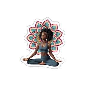 Mulher afro-americana fazendo pose de ioga com fundo de mandala