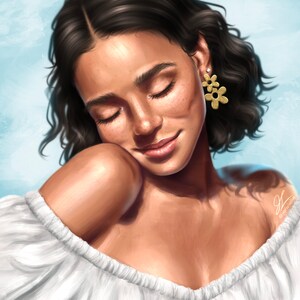 May include: A woman with brown curly hair and freckles is wearing a white off-the-shoulder top and gold flower-shaped earrings. She has her eyes closed and is smiling.