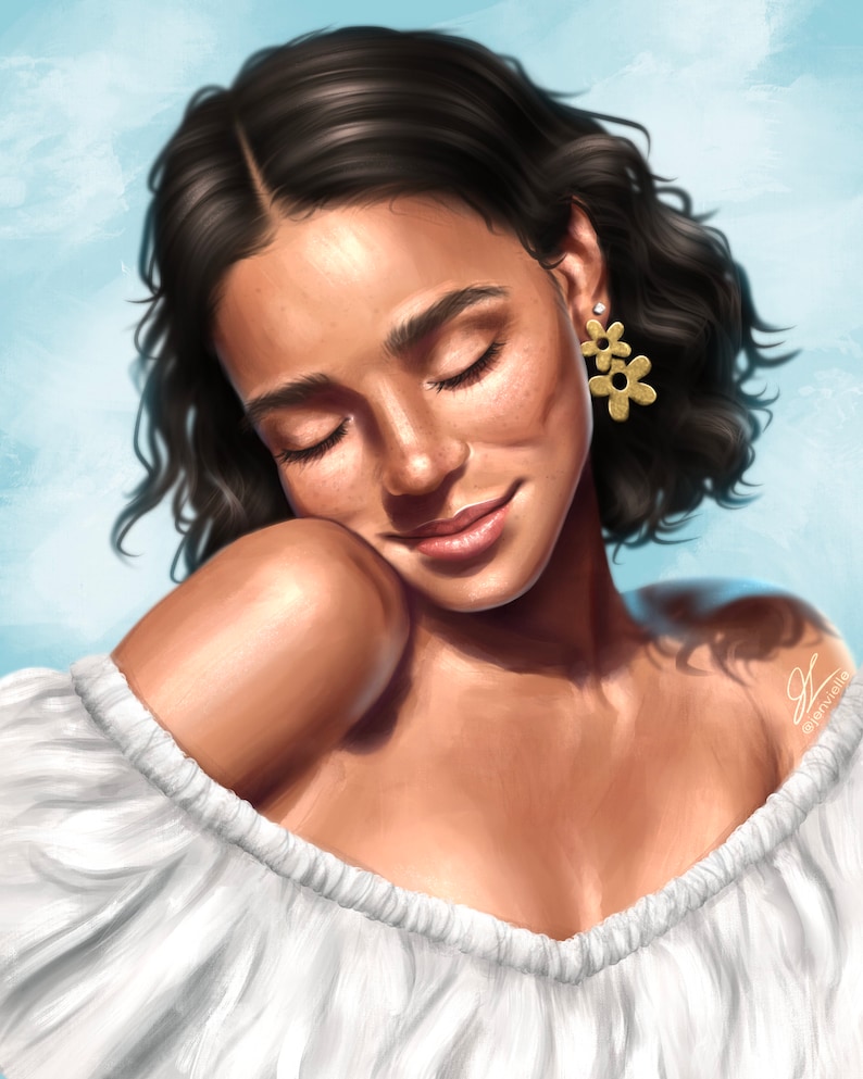 May include: A woman with brown curly hair and freckles is wearing a white off-the-shoulder top and gold flower-shaped earrings. She has her eyes closed and is smiling.