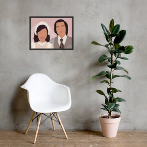 May include: A framed illustration of a wedding couple. The bride is wearing a white dress with a floral crown and veil. The groom is wearing a brown suit with a white shirt and a patterned tie. The background is a light pink color.