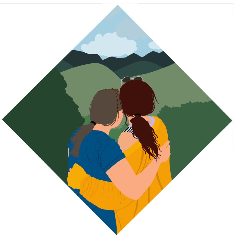 May include: Two people, one wearing a yellow sweater and the other wearing a blue shirt, are standing with their arms around each other. They are looking out at a green landscape with hills in the distance.