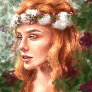 May include: A woman with long, curly red hair wears a white flower crown. The flowers are arranged in a circle around her head. She is looking to the side with a soft smile. The background is blurred and features green and purple foliage.