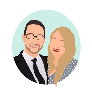 May include: A portrait of a couple smiling at the camera. The man is wearing a black suit, white shirt, and black tie. The woman is wearing a gray and white polka dot dress. The background is a light blue circle.