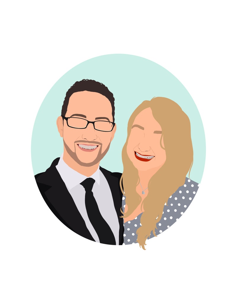May include: A portrait of a couple smiling at the camera. The man is wearing a black suit, white shirt, and black tie. The woman is wearing a gray and white polka dot dress. The background is a light blue circle.