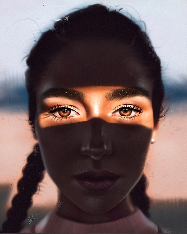May include: A close-up portrait of a person with dark hair and brown eyes. The person is looking directly at the camera. A beam of light shines across the person's face, highlighting their eyes.
