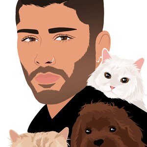 May include: A man with a beard and a bun in his hair is holding two cats and a brown dog. The cats are both white and fluffy, and the dog is wearing a black and white harness.