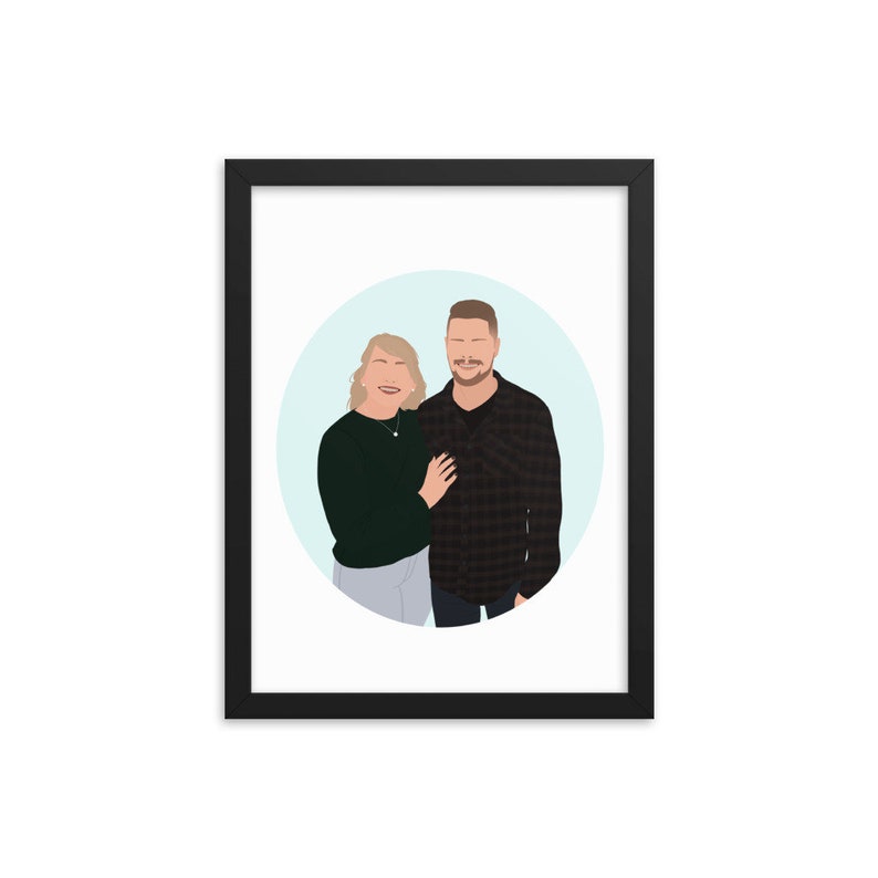May include: A framed illustration of a couple standing together. The woman is wearing a green sweater and the man is wearing a plaid shirt. They are both smiling.