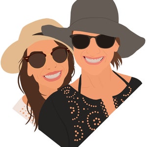May include: Two women wearing sunglasses and hats, smiling at the camera. The woman in the front is wearing a black top with a white pattern and the woman in the back is wearing a white top with black polka dots.