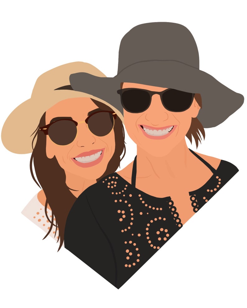May include: Two women wearing sunglasses and hats, smiling at the camera. The woman in the front is wearing a black top with a white pattern and the woman in the back is wearing a white top with black polka dots.