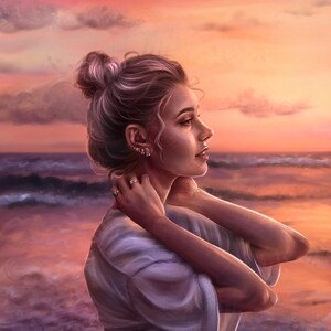 May include: A woman with long, wavy, light brown hair, wearing a white t-shirt, stands with her arms crossed in front of her. She is looking off to the side, towards a sunset over the ocean. The sky is a vibrant orange and pink, with clouds in the distance.