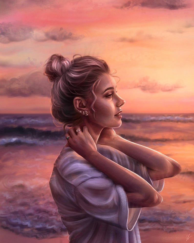 May include: A woman with long, wavy, light brown hair, wearing a white t-shirt, stands with her arms crossed in front of her. She is looking off to the side, towards a sunset over the ocean. The sky is a vibrant orange and pink, with clouds in the distance.