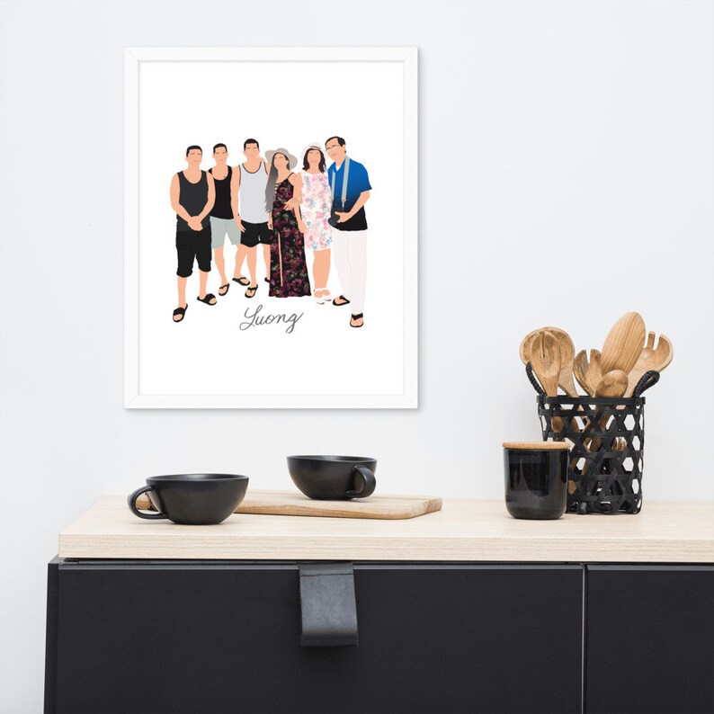 May include: A framed illustration of a family of six people standing together. The family is wearing casual clothing and smiling. The illustration is in a white frame and has the word "Luong" written at the bottom.