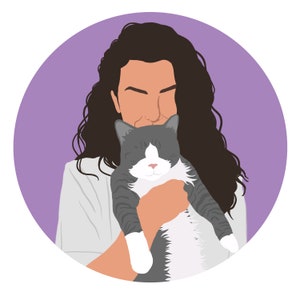 May include: A woman with long brown hair is holding a gray and white cat in her arms. The woman is wearing a white shirt and the cat is looking at the camera.