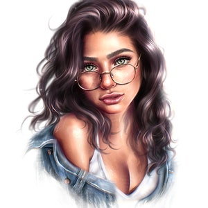 May include: A woman with long, dark brown hair wearing round, gold-rimmed glasses and a denim jacket over a white tank top.