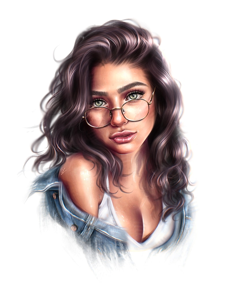 May include: A woman with long, dark brown hair wearing round, gold-rimmed glasses and a denim jacket over a white tank top.