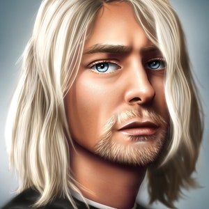 May include: A close-up portrait of a person with long, wavy, platinum blonde hair. The person has blue eyes and a light beard. The background is a light blue.