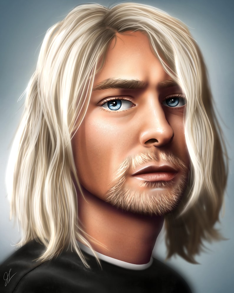 May include: A close-up portrait of a person with long, wavy, platinum blonde hair. The person has blue eyes and a light beard. The background is a light blue.