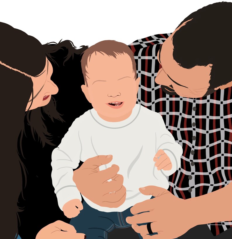 May include: A family portrait with a parent holding a baby in their arms. The baby is wearing a white shirt and blue jeans. The parents are smiling and looking at the baby.