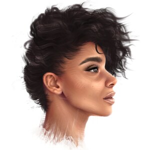 May include: A portrait of a person with short, curly, dark brown hair. The person is looking off to the side with a neutral expression. The background is white.