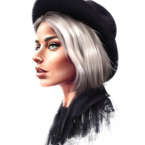 May include: A woman with short, platinum blonde hair wearing a black fedora and a black jacket. The background is white.