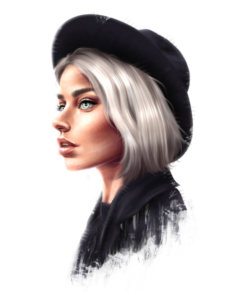 May include: A woman with short, platinum blonde hair wearing a black fedora and a black jacket. The background is white.