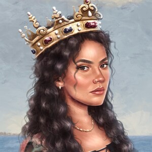 May include: A woman with long, dark curly hair wears a gold crown with red and blue gemstones. She is wearing a black top with a lace-up front and a floral print blouse over it. She has a pearl necklace and a nose ring.