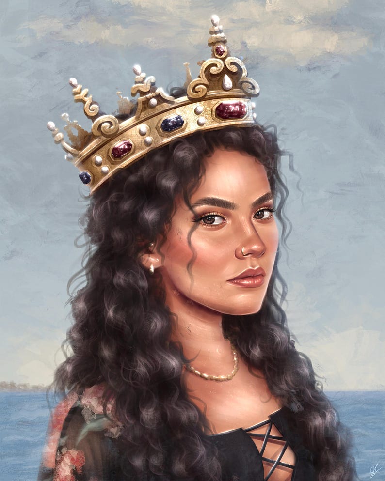 May include: A woman with long, dark curly hair wears a gold crown with red and blue gemstones. She is wearing a black top with a lace-up front and a floral print blouse over it. She has a pearl necklace and a nose ring.
