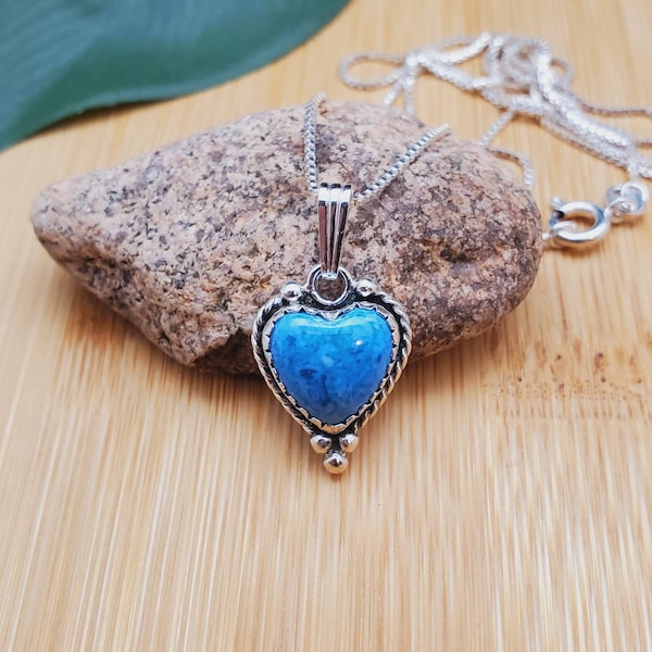Dainty Blue Denim Lapis Heart Necklace Pendant With Silver Box Chain Necklace 18" | Sterling Silver Denim Lapis Necklace | Made in USA