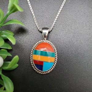 STN #21 | Oval Stone 13x18 Multicolor Inlay Necklace Pendant With Silver Chain Necklace | Sterling Silver Multicolor Inlay Pendant Necklace