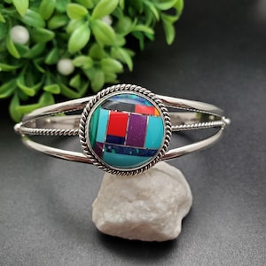 STN #C317 | Inlay Multicolor Cuff Bracelet | Sterling Silver Multicolor Inlay Stone Bracelet Cuff | Southwest Cuff Bracelet | Southwest Cuff