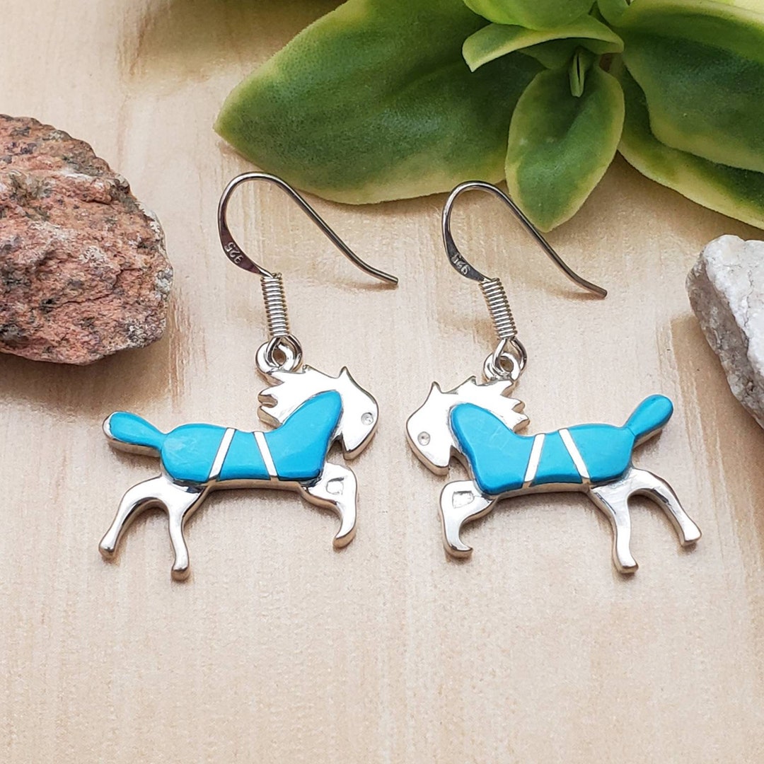 Socute925 Turquoise Horse Earrings Dainty Blue Horse Dangle Earrings
