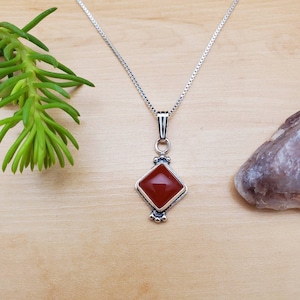 SoCute925 Small Square Carnelian Necklace Pendant With Silver Box Chain Necklace 18&quot; | Sterling Silver Carnelian Necklace | Made in USA