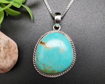 IGM#32 Unieke Kingman Turquoise hanger met sterlingzilveren ketting | Zilveren turkoois kettinghanger | Grote turquoise zuidwestelijke ketting