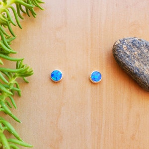 May include: A pair of silver stud earrings with blue opal stones. The earrings are on a wooden surface.