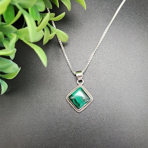 STN #216 | 10mm Square Green Malachite Necklace Pendant With Options of Silver Chain | Sterling Silver Big Green Malachite Southwest Pendant