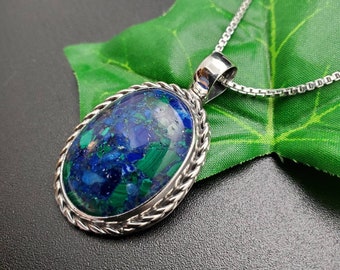 STN #341 | 18x25mm Azurite Malachite Pendant With Silver Box Chain Necklace | Sterling Silver Blue Green Azurite Pendant | Azurite Malachite