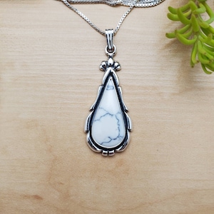 SoCute925 Big Teardrop White Buffalo Turquoise Necklace Pendant With Silver Box Chain Necklace 18&quot; | Sterling Silver Necklace | Made in USA