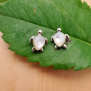 May include: A pair of silver turtle earrings with white mother of pearl inlays. The earrings are on a green leaf.