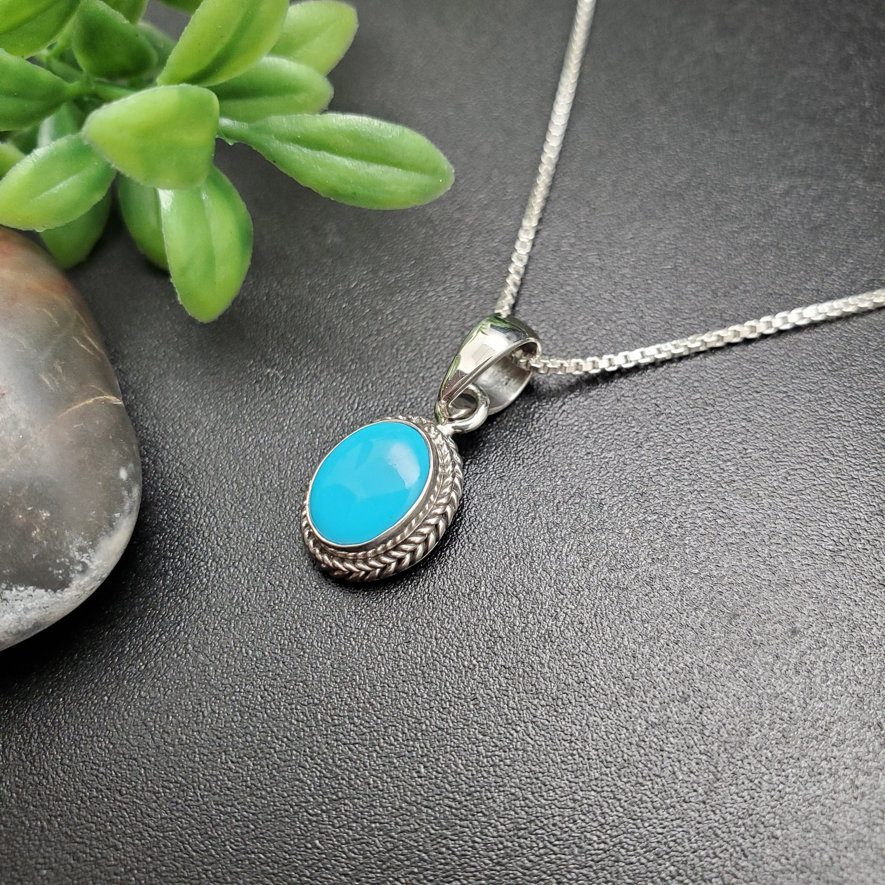 STN #50 | 7x9mm Oval Blue Turquoise Necklace Pendant With Silver Chain ...