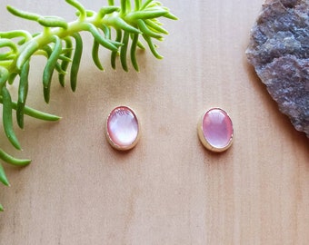 SoCute925 Oval Pink Shell Stud Earrings | Sterling Silver Pink Mother of Pearl | Silver Pink Jewelry | Dainty Pink Post Earrings Made in USA