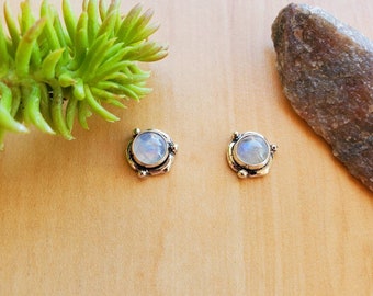 SoCute925 Dainty Rainbow Moonstone Stud Earrings | Moonstone Post Earrings | Sterling Silver Rainbow Moonstone Jewelry | Healing Earrings