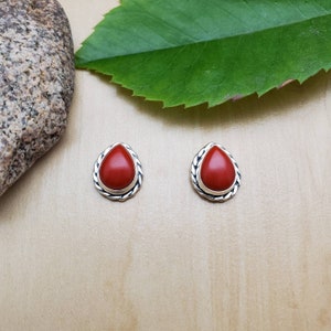 SoCute925 Dainty Red Coral Stud Earrings | Teardrop Red Coral Studs | Sterling Silver Post Earrings | Small Red Post Earrings Made in USA