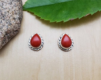 SoCute925 Dainty Red Coral Stud Earrings | Teardrop Red Coral Studs | Sterling Silver Post Earrings | Small Red Post Earrings Made in USA